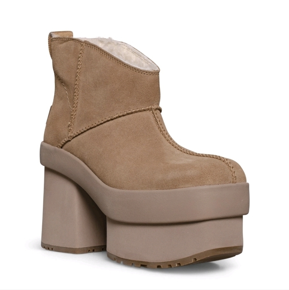 UGG New Heights Mini Platform Boots Chestnut Suede Block Heel Size 9.5 NWOT
